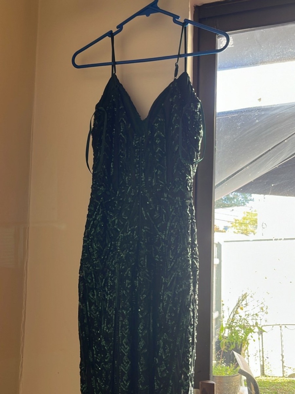 Emerald Green Sequin Evening Dress - Women's Spaghetti Strap Gown